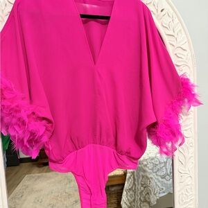 Pink Feather Trim Kimono Sleeve Bodysuit
